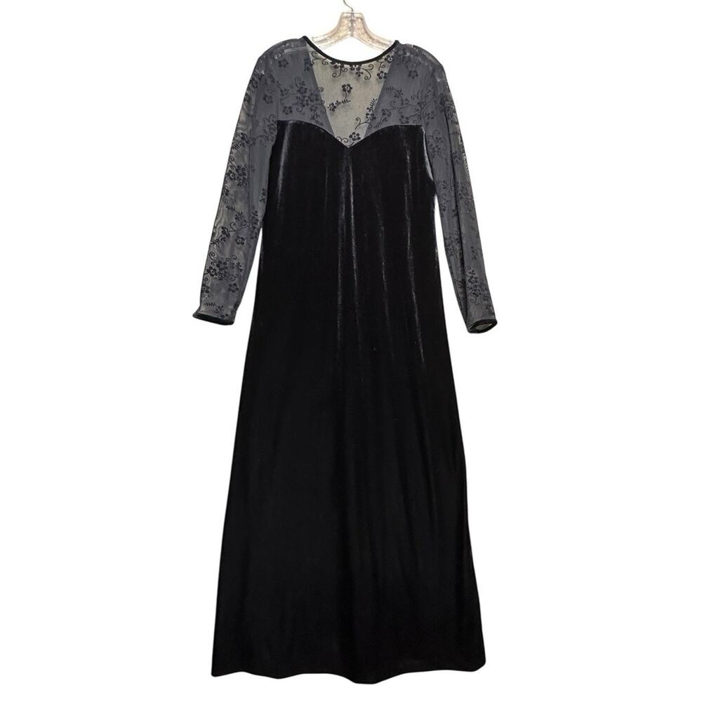 Vtg Y2K Black Velvet Maxi Dress Mesh Bodice Sleeve Whimsigoth Y2K Vampire Floral
